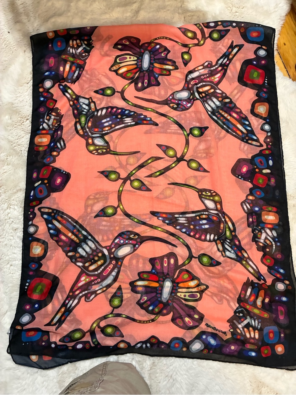 Large Scarf Indigenous Hummingbird Theme designed by Artist John Rombough